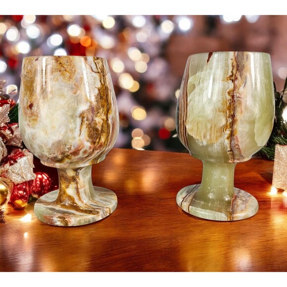 Green onyx wine glass set, champagne glasses, goblets Christmas gift for couple - Picture 5 of 9